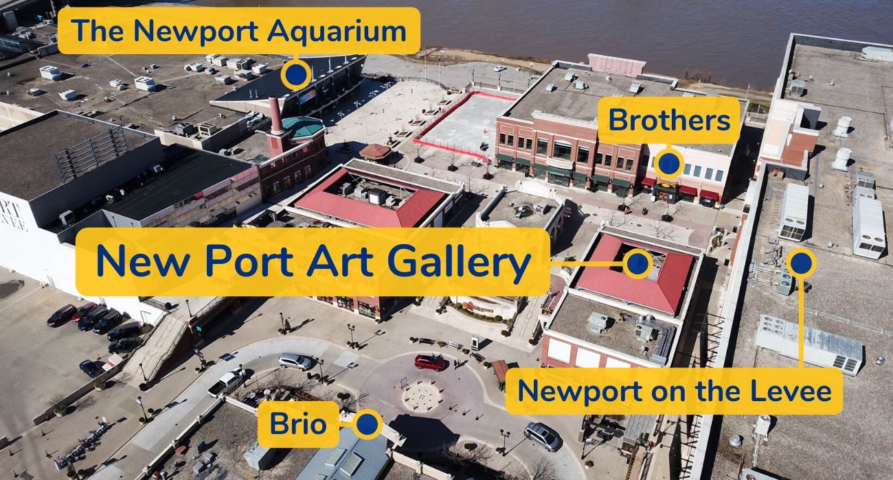 New Port Art Gallerys Location New Port Art Gallery's Location shown as a aerial photo with labels for reference.